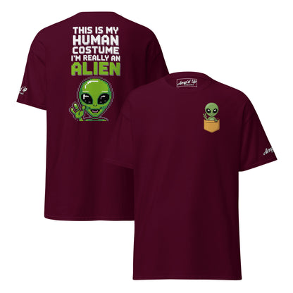 Amp'd Up Custom maroon t-shirt featuring Alien T-Shirt Graphic On Back with green alien and text design