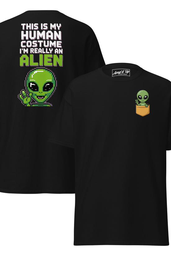 Black Alien T-Shirt Graphic On Back with pixel art alien and humorous text by Amp'd Up Custom