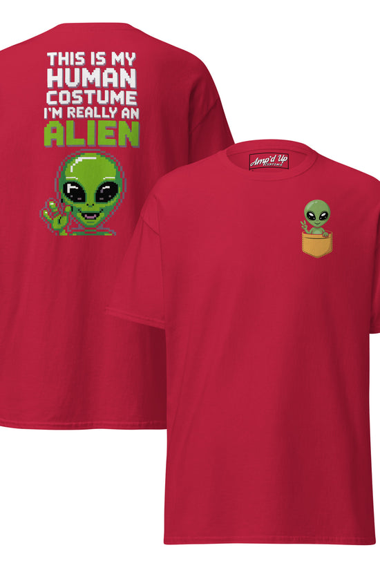 Red Alien T-Shirt Graphic On Back with green alien and humorous text by Amp'd Up Custom
