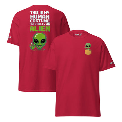 Red Alien T-Shirt Graphic On Back with green alien and humorous text by Amp'd Up Custom