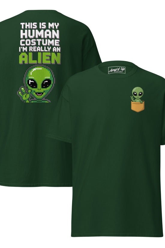 Green Alien T-Shirt Graphic On Back with pixel art alien and text from Amp'd Up Custom