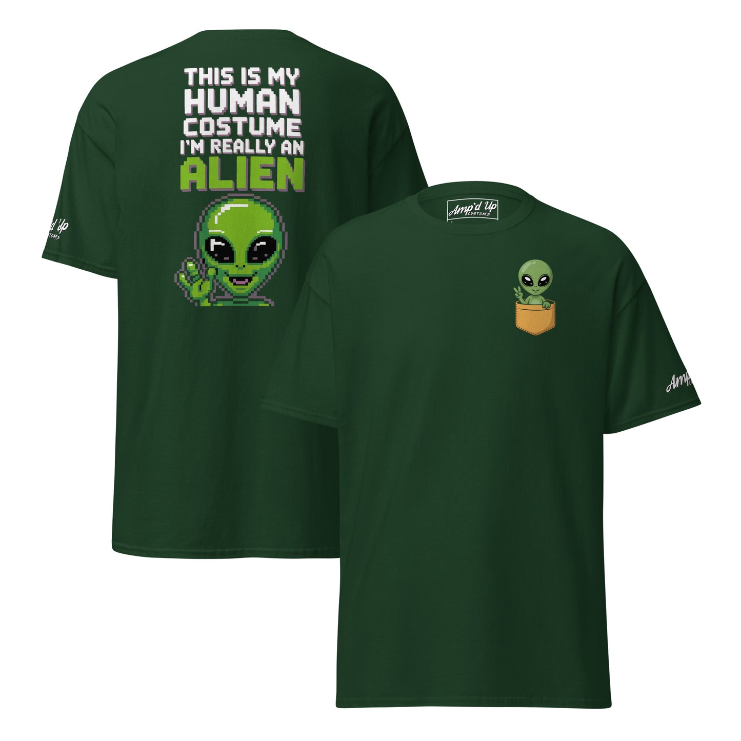 Green Alien T-Shirt Graphic On Back with pixel art alien and text from Amp'd Up Custom