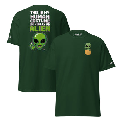 Green Alien T-Shirt Graphic On Back with pixel art alien and text from Amp'd Up Custom