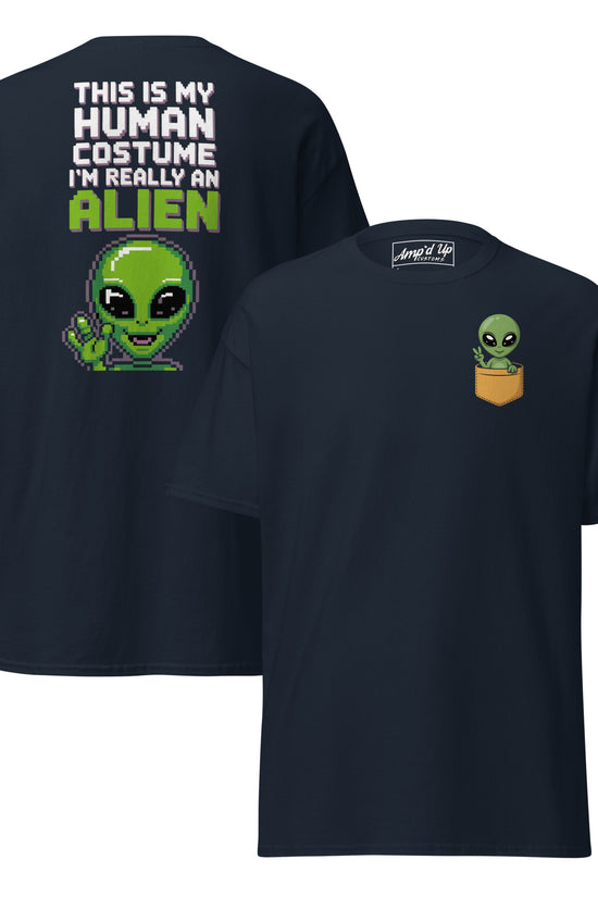 Black t-shirt with Alien T-Shirt Graphic On Back featuring green alien saying this is my human costume