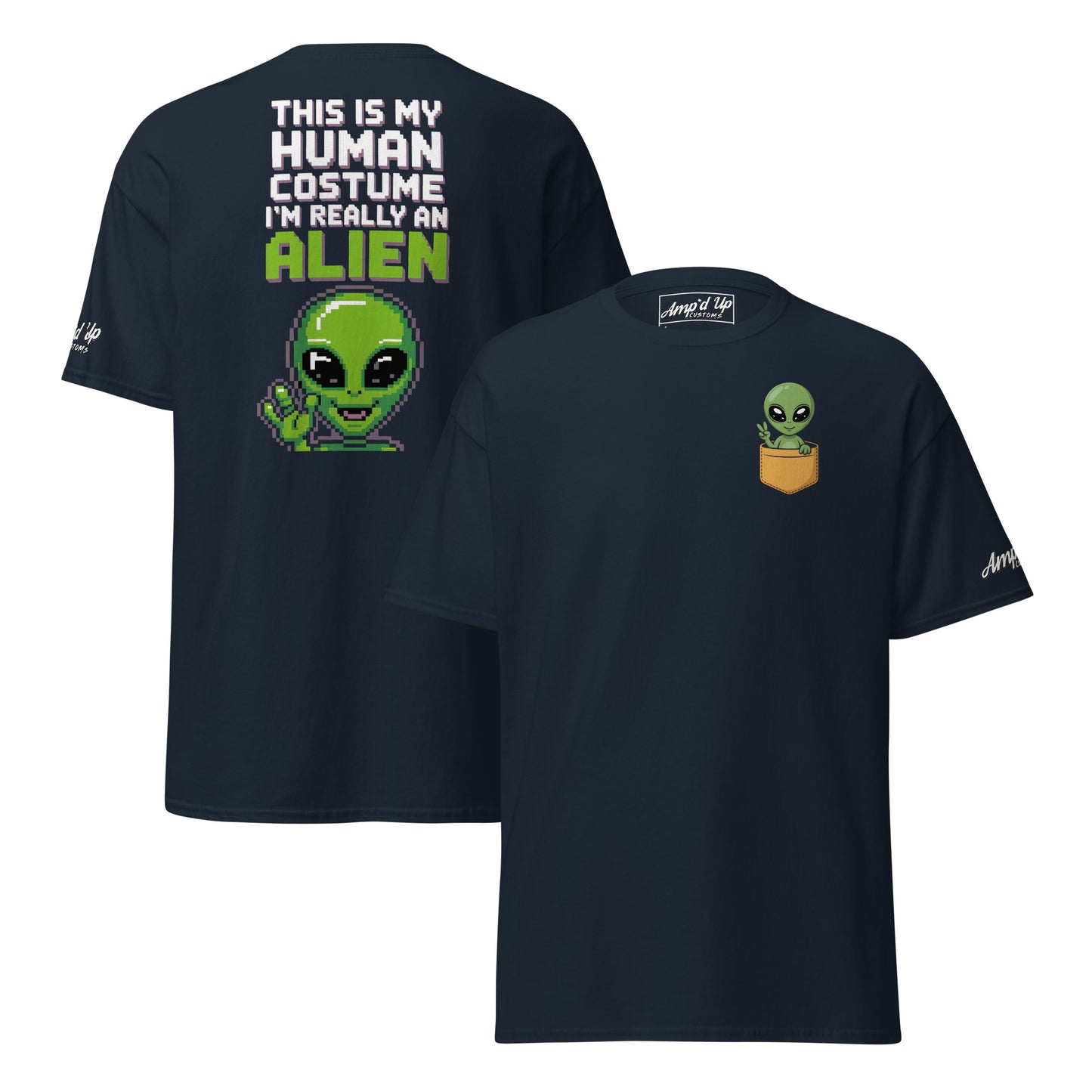 Black t-shirt with Alien T-Shirt Graphic On Back featuring green alien saying this is my human costume