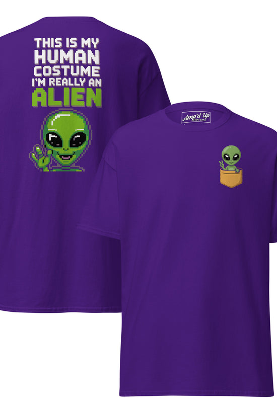 Purple t-shirt with Alien T-Shirt Graphic On Back and small alien in pocket graphic on front