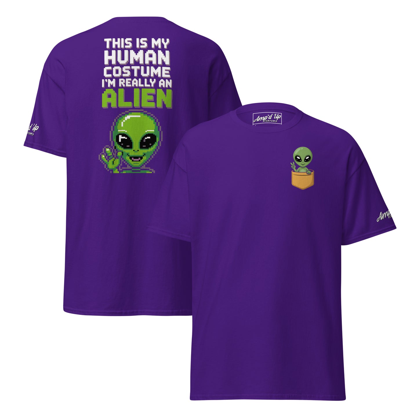 Purple t-shirt with Alien T-Shirt Graphic On Back and small alien in pocket graphic on front