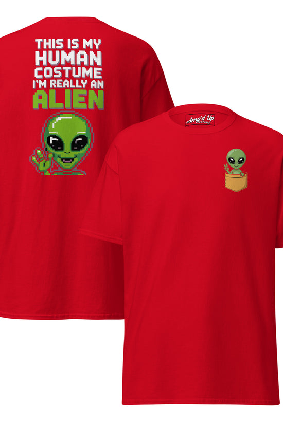 Red T-shirt featuring Alien T-Shirt Graphic On Back with green alien and humorous text by Amp'd Up Custom