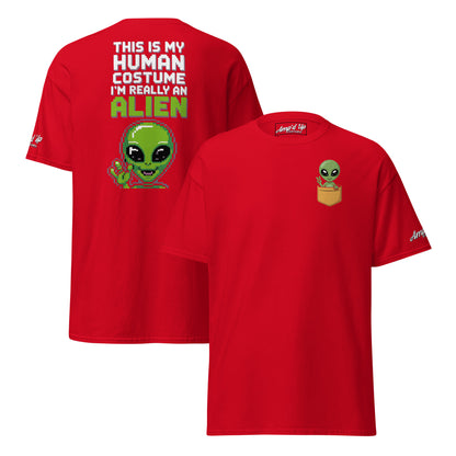 Red T-shirt featuring Alien T-Shirt Graphic On Back with green alien and humorous text by Amp'd Up Custom
