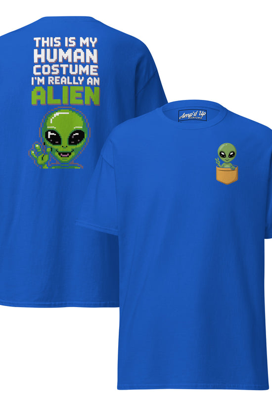 Blue Alien T-Shirt Graphic On Back with text and front alien peeking from pocket by Amp'd Up Custom