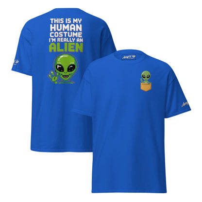 Blue Alien T-Shirt Graphic On Back with text and front alien peeking from pocket by Amp'd Up Custom