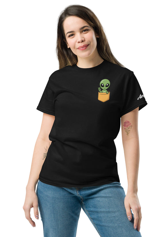 Black t-shirt with Alien T-Shirt Graphic On Back worn by woman with long hair and jeans