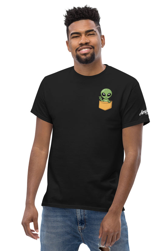 Black T-shirt featuring Alien T-Shirt Graphic On Back with small alien in pocket and Amp'd Up Custom logo on sleeve
