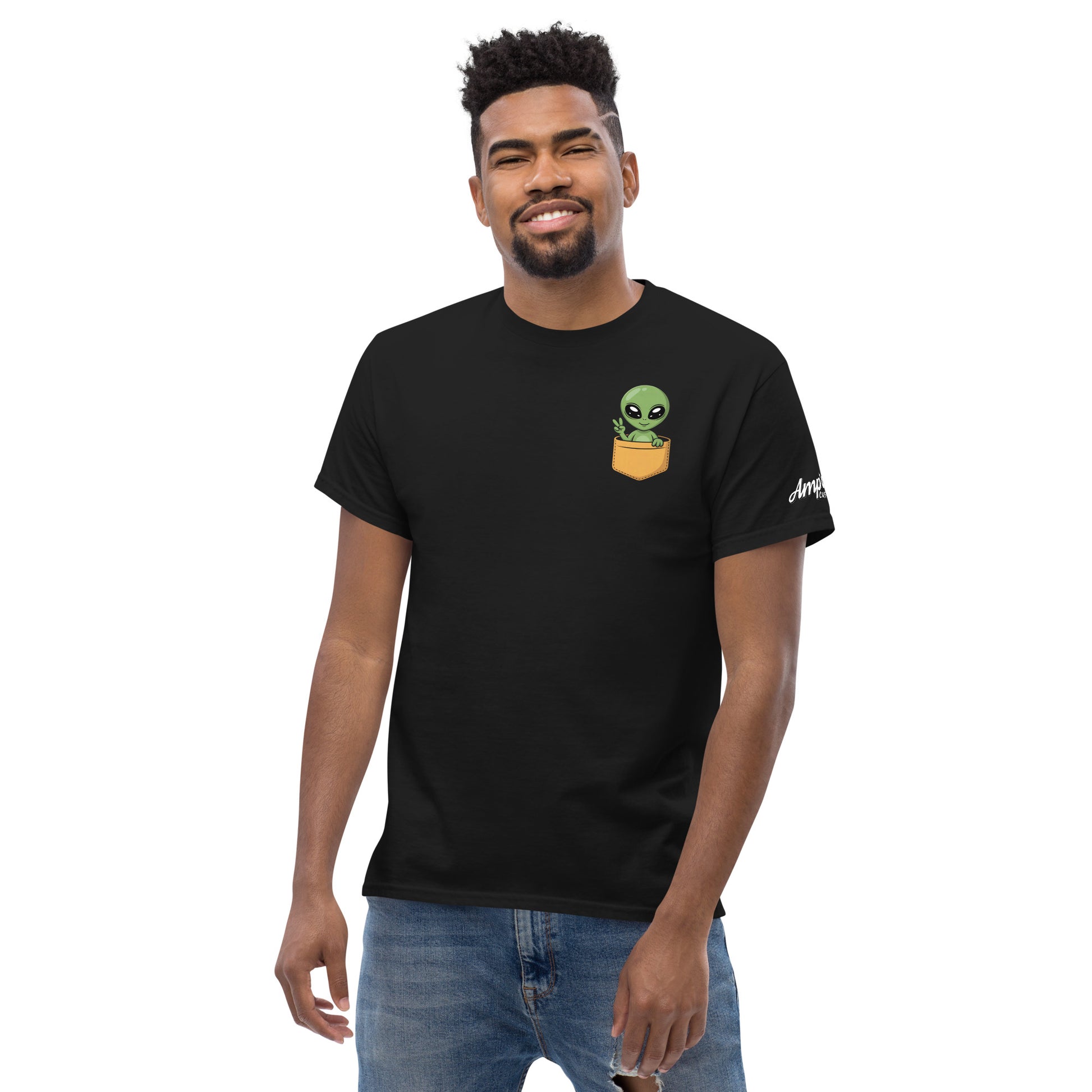 Black T-shirt featuring Alien T-Shirt Graphic On Back with small alien in pocket and Amp'd Up Custom logo on sleeve