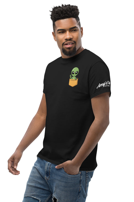 Black t-shirt with Alien T-Shirt Graphic On Back and small alien in front pocket graphic