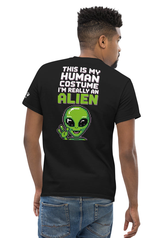 Black t-shirt with Alien T-Shirt Graphic On Back featuring a green pixelated alien and text design
