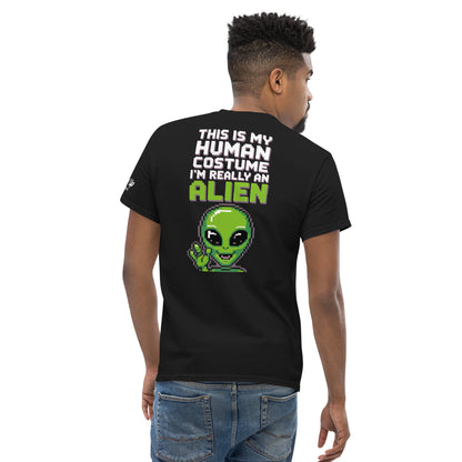 Black t-shirt with Alien T-Shirt Graphic On Back featuring a green pixelated alien and text design