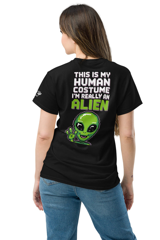 Black t-shirt with Alien T-Shirt Graphic On Back featuring green alien and text this is my human costume