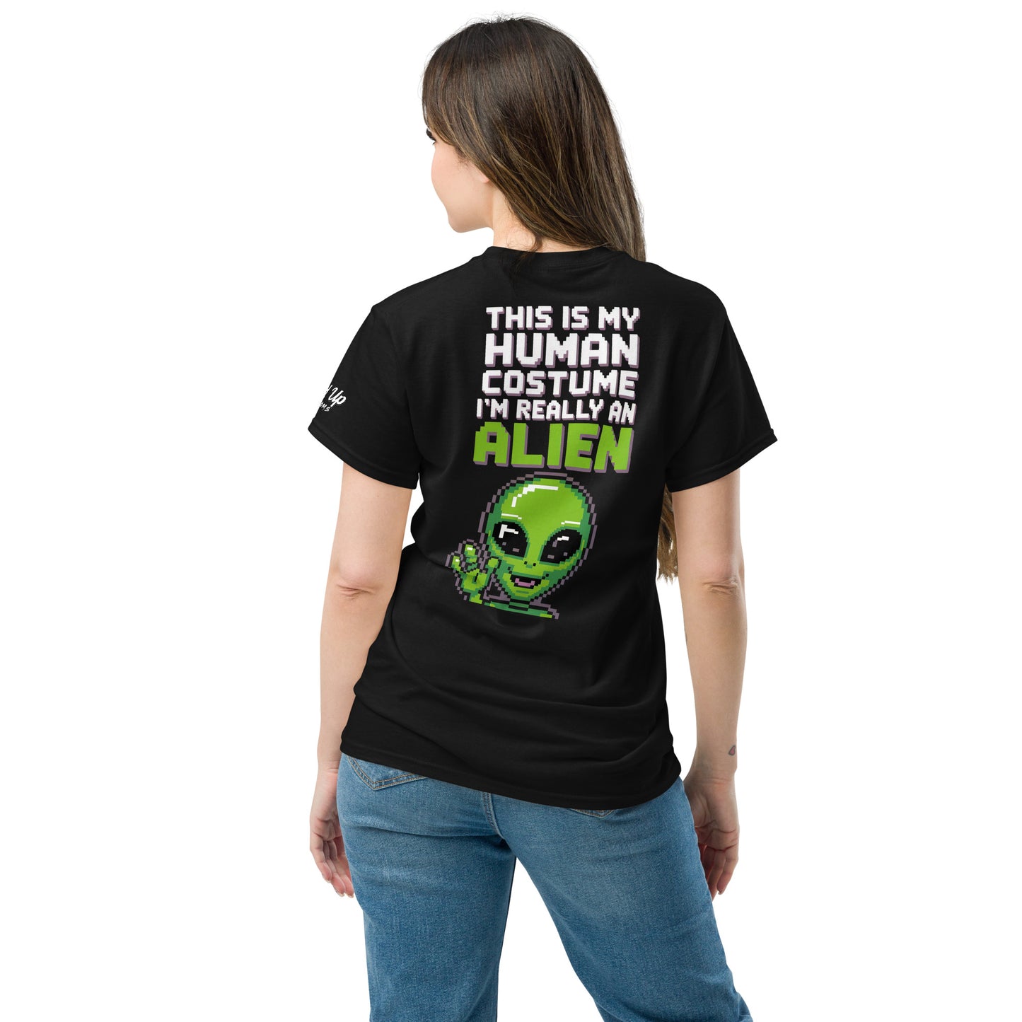 Black t-shirt with Alien T-Shirt Graphic On Back featuring green alien and text this is my human costume