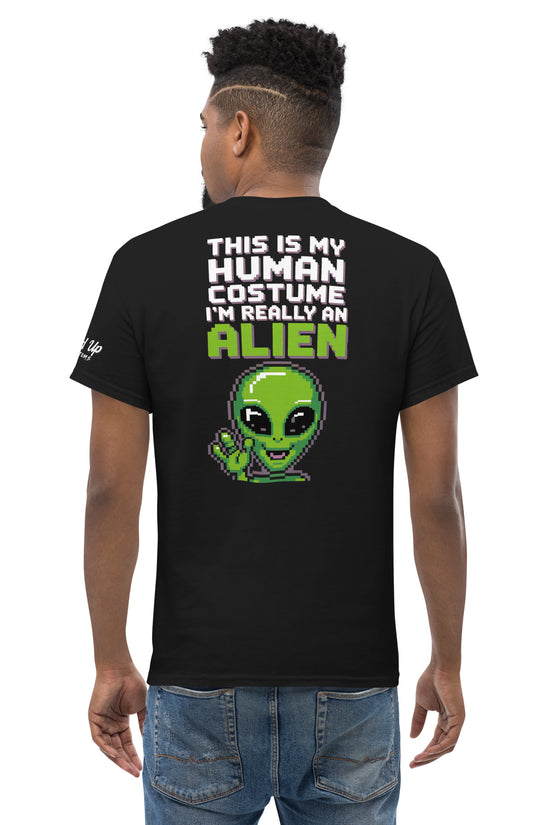 Alien T-Shirt Graphic On Back with pixel art green alien and text This is my human costume I'm really an alien