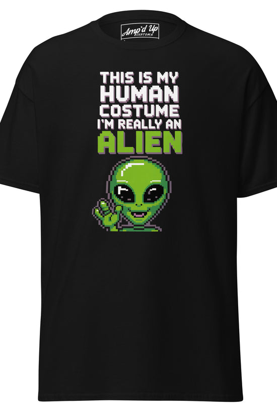Black Alien T-Shirt from Amp'd Up Custom with pixel art alien and humorous human costume text