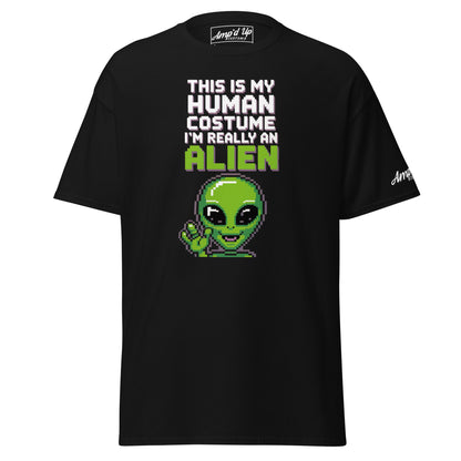 Black Alien T-Shirt from Amp'd Up Custom with pixel art alien and humorous human costume text