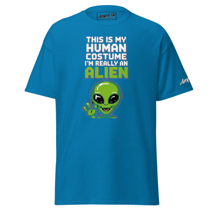 Blue Alien T-Shirt with pixel art green alien and text this is my human costume I'm really an alien