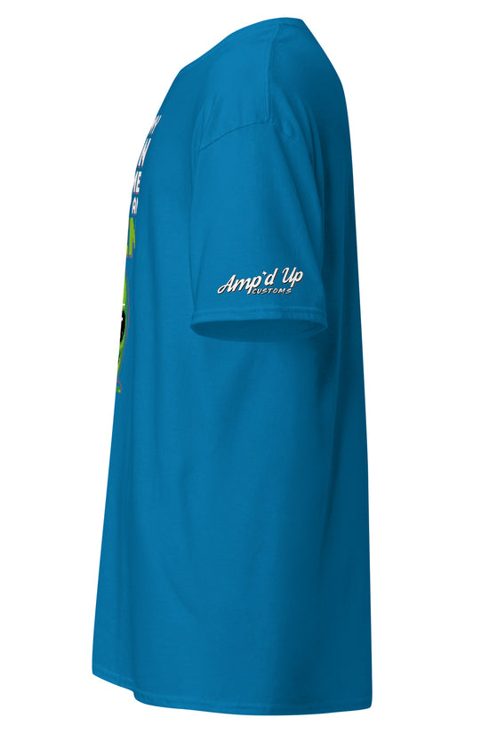 Blue Alien T-Shirt by Amp'd Up Custom showing side view with logo on sleeve
