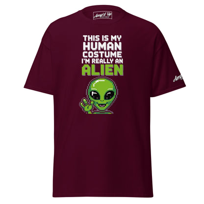 Amp'd Up Custom Alien T-Shirt maroon with pixelated green alien and text this is my human costume