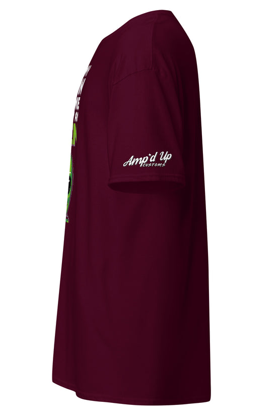 Maroon Alien T-Shirt by Amp'd Up Custom with logo on sleeve and side view of short sleeve design
