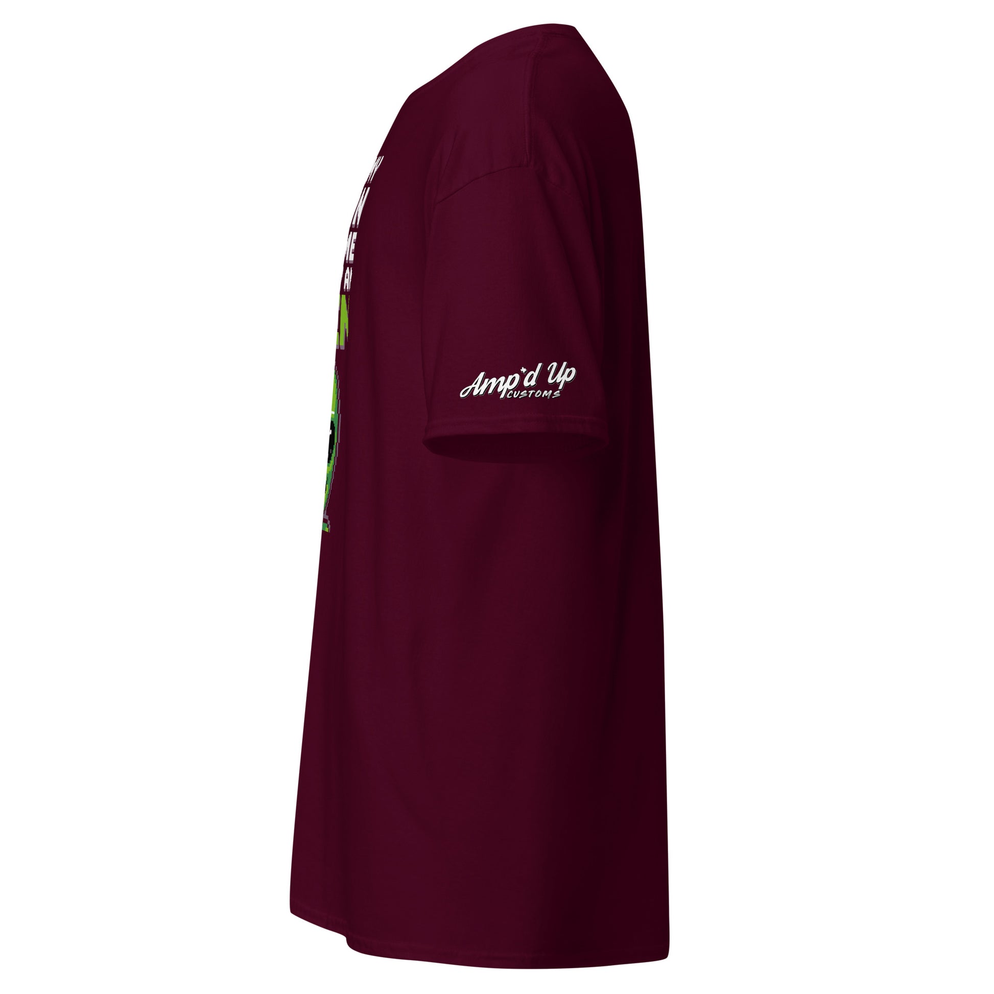 Maroon Alien T-Shirt by Amp'd Up Custom with logo on sleeve and side view of short sleeve design