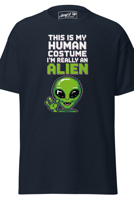 Amp'd Up Custom Alien T-Shirt with pixel art green alien and text this is my human costume