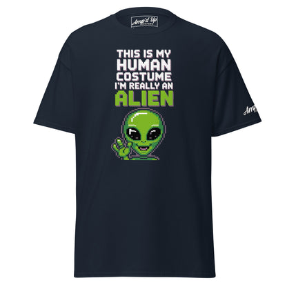 Amp'd Up Custom Alien T-Shirt with pixel art green alien and text this is my human costume