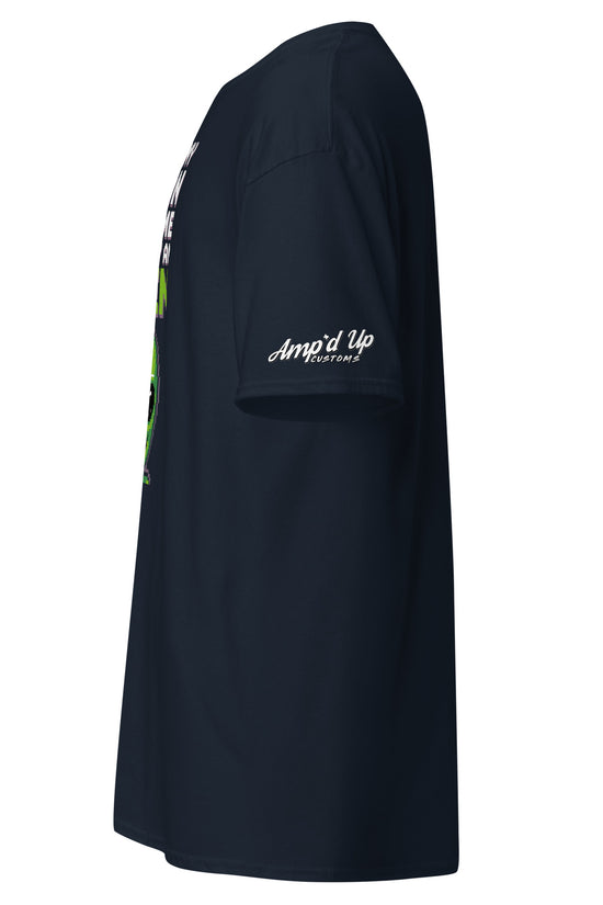 Side view of Amp'd Up Custom black Alien T-Shirt with brand logo on sleeve