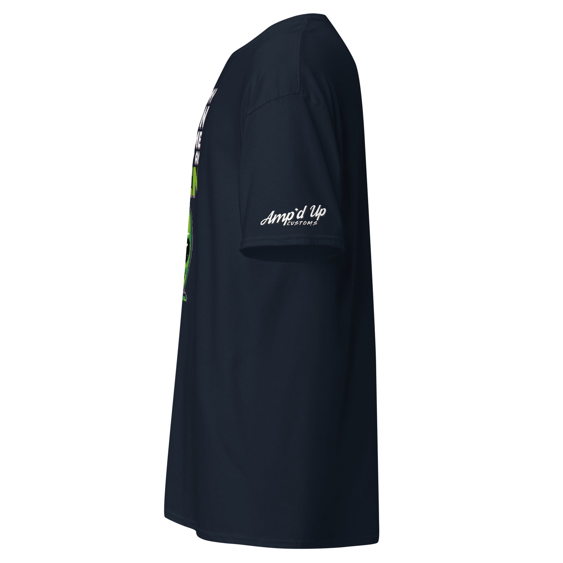 Side view of Amp'd Up Custom black Alien T-Shirt with brand logo on sleeve