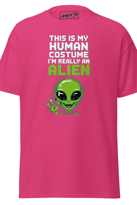 Pink Alien T-Shirt by Amp'd Up Custom with funny pixelated green alien and text human costume design