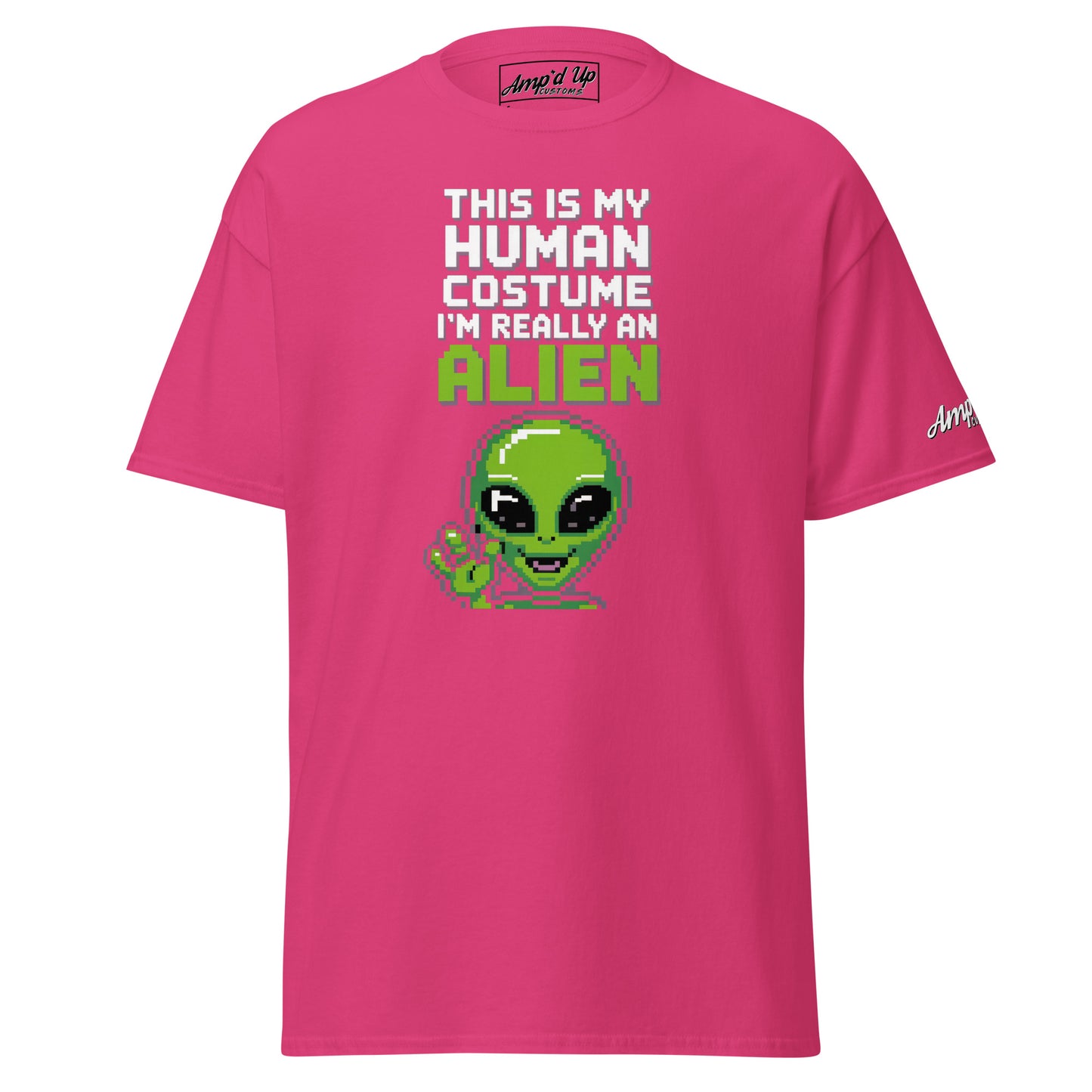 Pink Alien T-Shirt by Amp'd Up Custom with funny pixelated green alien and text human costume design