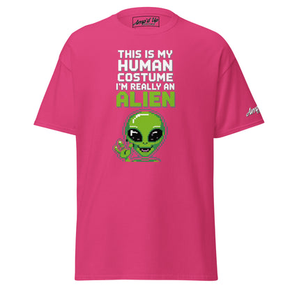 Pink Alien T-Shirt by Amp'd Up Custom with funny pixelated green alien and text human costume design