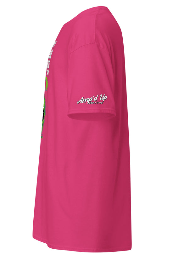 Amp'd Up Custom pink Alien T-Shirt with short sleeves shown from side view