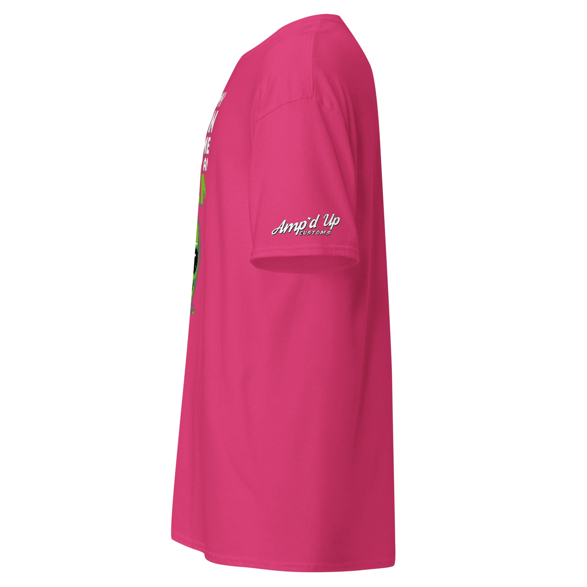Amp'd Up Custom pink Alien T-Shirt with short sleeves shown from side view