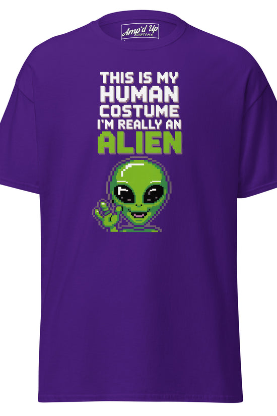 Amp'd Up Custom purple Alien T-Shirt with pixelated green alien and humorous text design