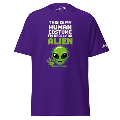 Amp'd Up Custom purple Alien T-Shirt with pixelated green alien and humorous text design