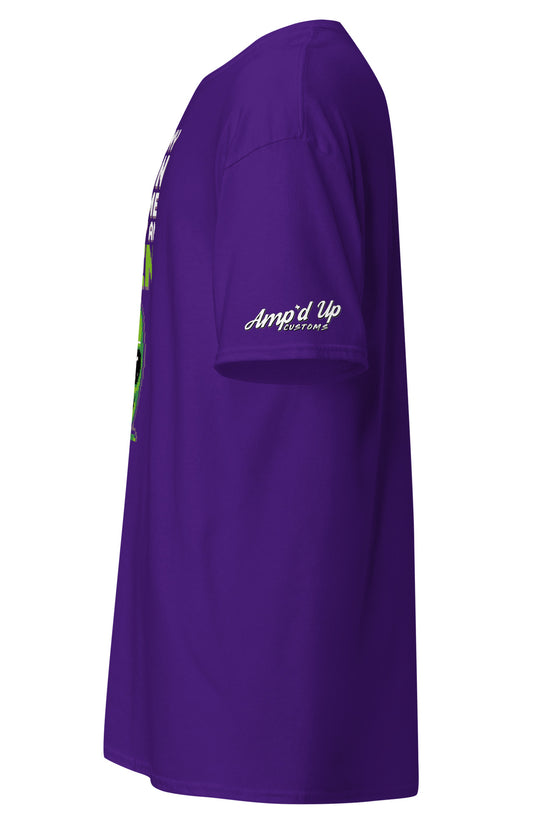 Purple Alien T-Shirt by Amp'd Up Custom showing side view with logo on sleeve