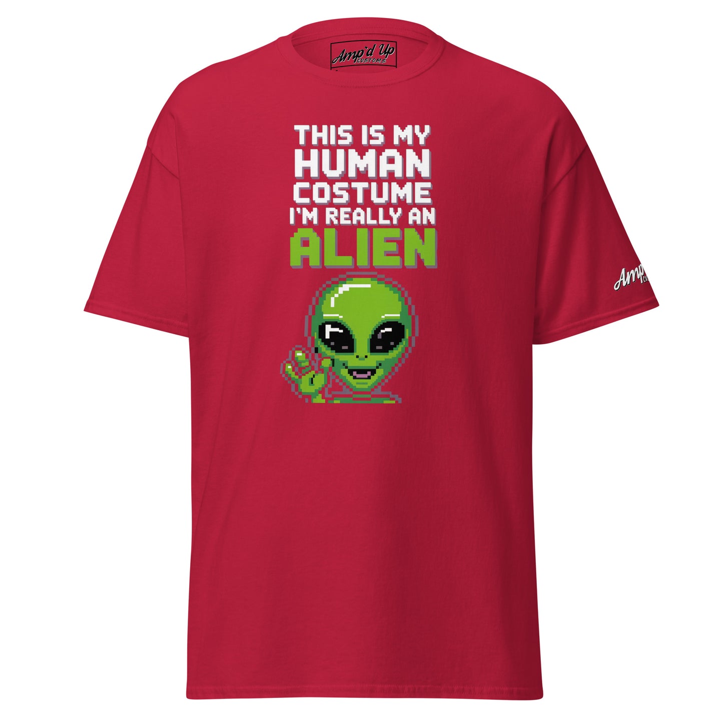 Red Alien T-Shirt by Amp'd Up Custom with pixel art alien and funny sci-fi text