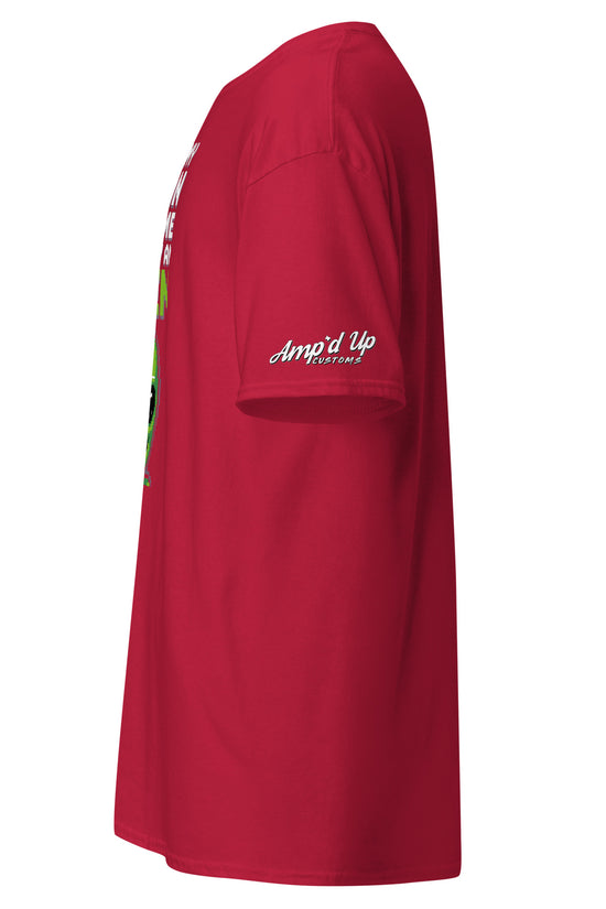 Red Alien T-Shirt by Amp'd Up Custom showing side view with logo on sleeve
