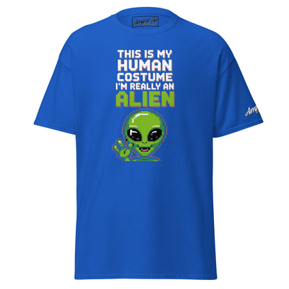 Amp'd Up Custom blue Alien T-Shirt with pixel art alien and text this is my human costume I'm really an alien