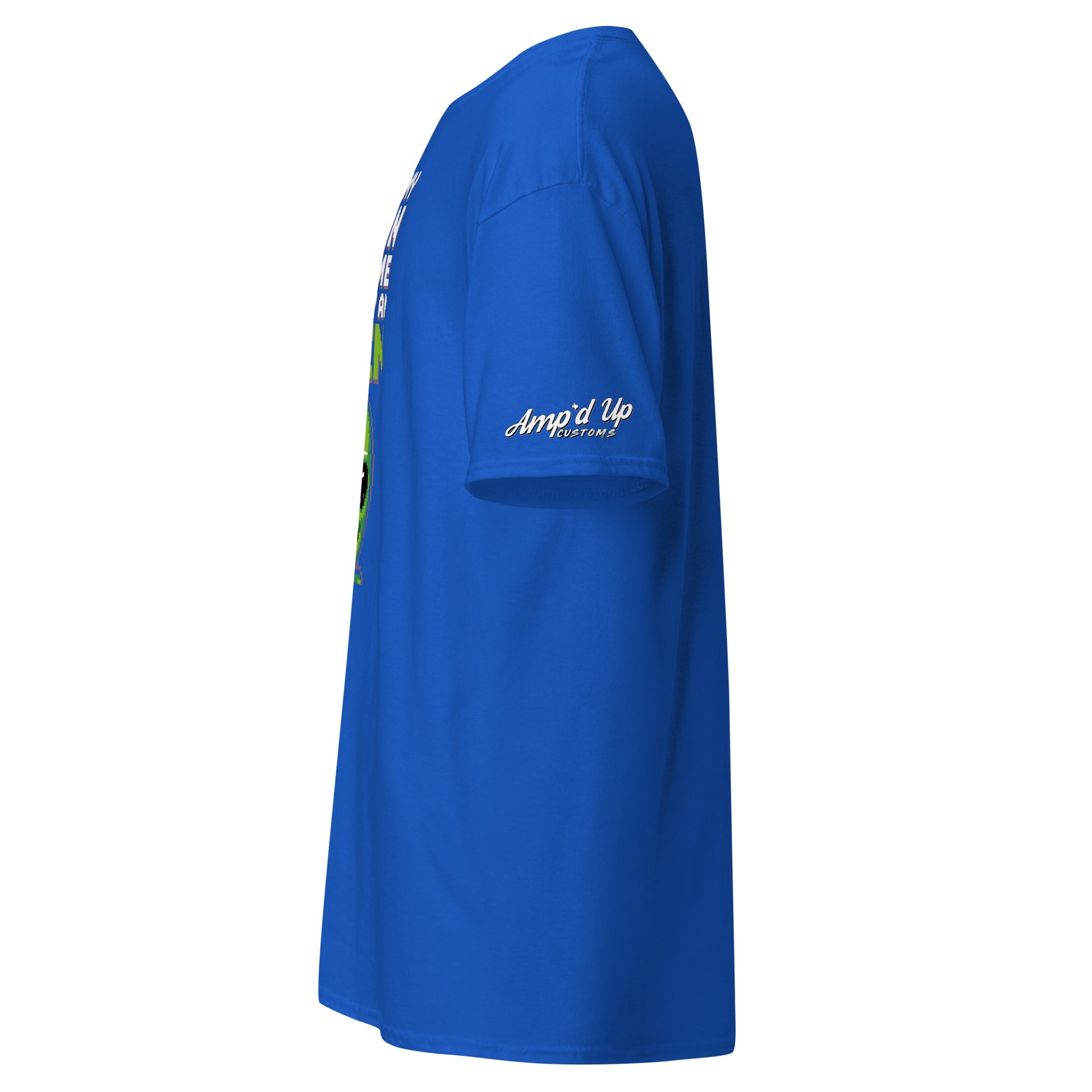 Side view of blue Alien T-Shirt by Amp'd Up Custom with logo on sleeve