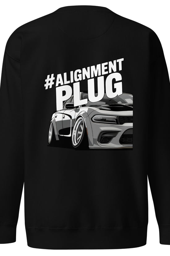 Amp'd Up Custom Alignment PLUG Sweatshirt featuring a car back illustration in black