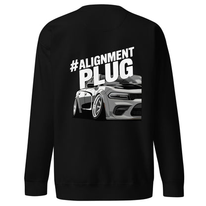 Amp'd Up Custom Alignment PLUG Sweatshirt featuring a car back illustration in black