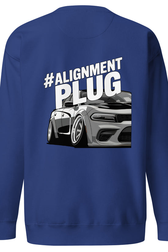 Blue Amp'd Up Custom Alignment PLUG Sweatshirt featuring bold back illustration of a stylish car